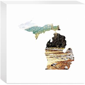 Michigan State Shape Picture, JoyRide Home Decor Wood Block Sign, 5"x5" Freestanding, Shelf or Wall Displayed, Artist Designed Home Décor.