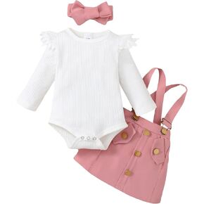 Baby Girl Clothes Outftts Ruffle Short Sleeve Ribbed Romper+Suspender Skirt + Headband Summer Clothing Set