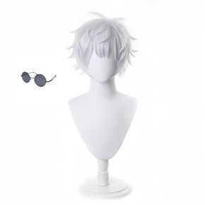 Anime JJK Cosplay Wig Gojo Satoru Cosplay Wig Hallween Christmas Party Wigs with glasses (Silver White)