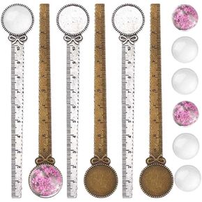 SUNNYCLUE 1 Box 16Pcs DIY 8 Sets Bookmarks Vintage Style Bookmark Making Kit Ruler Metal Book Mark Trays Glass Clear Dome Cabochon Oval Round Blank Flower Pattern Tray for DIY Craft Handmade Gift