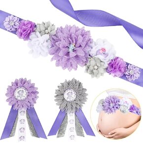 JOYMEMO Purple and Gray Elephant Baby Shower Maternity Sash Kit - Elephant Flower Baby Shower Belly Belt and Mom to Be & Dad to Be Corsage Pins, Pregnancy New Parents Photo Props Party Supplies in Saudi Arabia