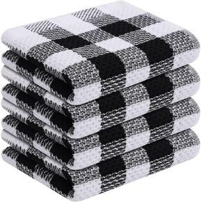 homing Buffalo Plaid Kitchen Towels and Dishcloths Set, 12" x 12" and 13" x 28", Set of 8 Bulk Cotton Waffle Weave Dish Towels, Super Soft Absorbent Hand Towels for Kitchen, Black & White