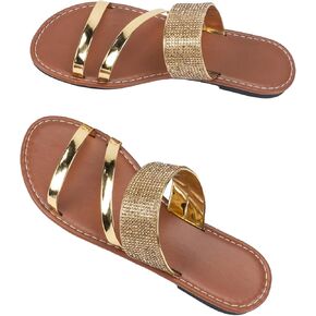 GORGLITTER Women's Glitter Rhinestone Decor Strappy Flat Sandals Metallic Open Toe Slides Shoes