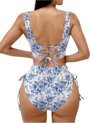 Floerns Women's Bathing Suit Floral Print Twisted High Waisted Lace Up Bikini Sets in Saudi Arabia