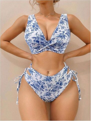 Floerns Women's Bathing Suit Floral Print Twisted High Waisted Lace Up Bikini Sets in Saudi Arabia