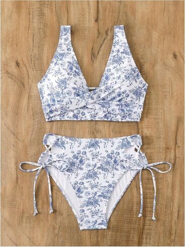 Floerns Women's Bathing Suit Floral Print Twisted High Waisted Lace Up Bikini Sets in Saudi Arabia