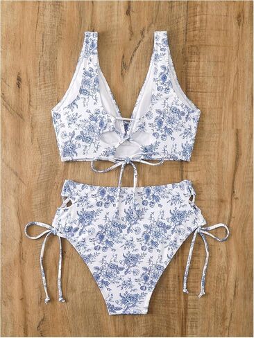 Floerns Women's Bathing Suit Floral Print Twisted High Waisted Lace Up Bikini Sets in Saudi Arabia