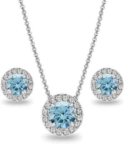 Sterling Silver Round Halo Necklace & Stud Earrings Set Made with European Crystals in Kuwait