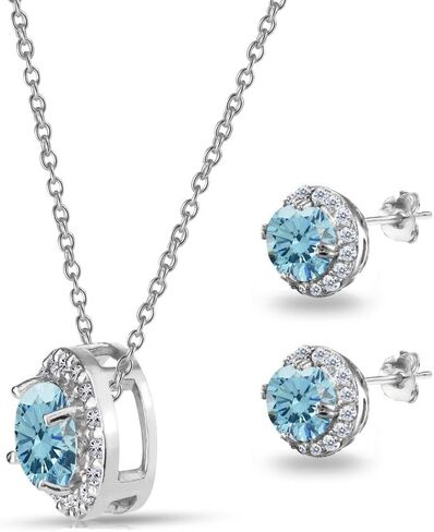 Sterling Silver Round Halo Necklace & Stud Earrings Set Made with European Crystals in Kuwait