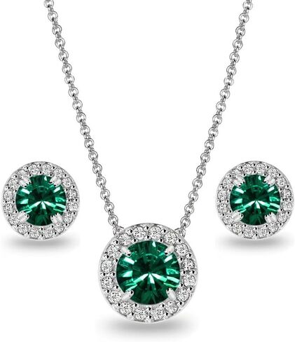 Sterling Silver Round Halo Necklace & Stud Earrings Set Made with European Crystals in Kuwait