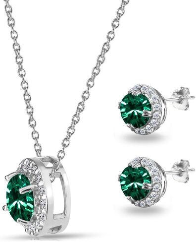 Sterling Silver Round Halo Necklace & Stud Earrings Set Made with European Crystals in Kuwait