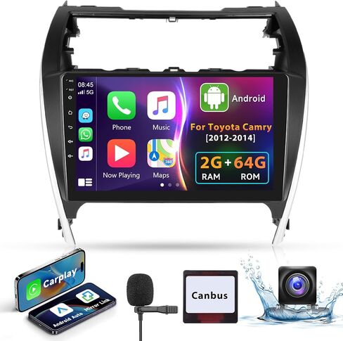 [ترقية] راديو بلوتوث Android 2G+64G لسيارة Toyota Camry 2012 2013 2014 مع Apple Carplay Android Auto 10.1 بوصة 1080P IPS شاشة لمس ستيريو للسيارة مع كاميرا خلفية Canbus AHD وHiFi Mic GPS WiFi in Kuwait