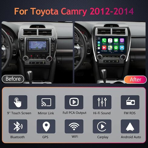 [ترقية] راديو بلوتوث Android 2G+64G لسيارة Toyota Camry 2012 2013 2014 مع Apple Carplay Android Auto 10.1 بوصة 1080P IPS شاشة لمس ستيريو للسيارة مع كاميرا خلفية Canbus AHD وHiFi Mic GPS WiFi in Kuwait