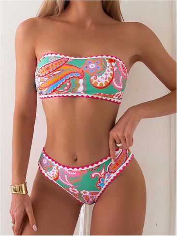 SHENHE Women's Strapless Bandeau Swimsuit Floral Paisley Boho 2 Piece Bikini Set in Saudi Arabia