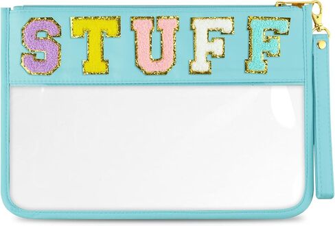 Morcheiong Chenille Letter Bag Cute Clear Zipper Stuff Pouch Portable Multi-purpose PVC and Nylon Makeup Bag with Handle for Travel School Gym Beach（Beige Beach） in Saudi Arabia