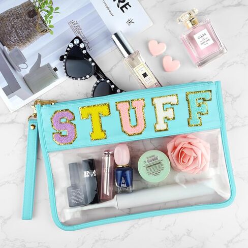 Morcheiong Chenille Letter Bag Cute Clear Zipper Stuff Pouch Portable Multi-purpose PVC and Nylon Makeup Bag with Handle for Travel School Gym Beach（Beige Beach） in Saudi Arabia