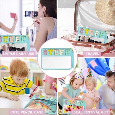 Morcheiong Chenille Letter Bag Cute Clear Zipper Stuff Pouch Portable Multi-purpose PVC and Nylon Makeup Bag with Handle for Travel School Gym Beach（Beige Beach） in Saudi Arabia