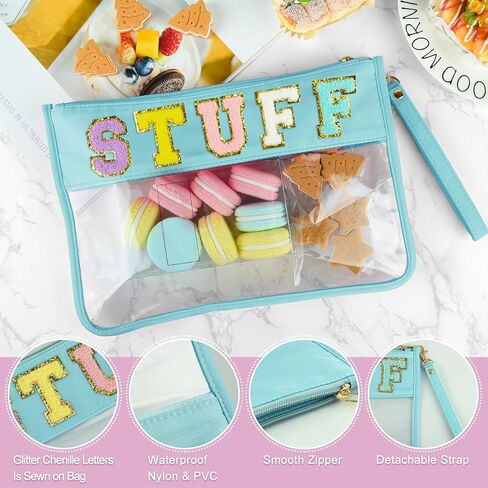 Morcheiong Chenille Letter Bag Cute Clear Zipper Stuff Pouch Portable Multi-purpose PVC and Nylon Makeup Bag with Handle for Travel School Gym Beach（Beige Beach） in Saudi Arabia
