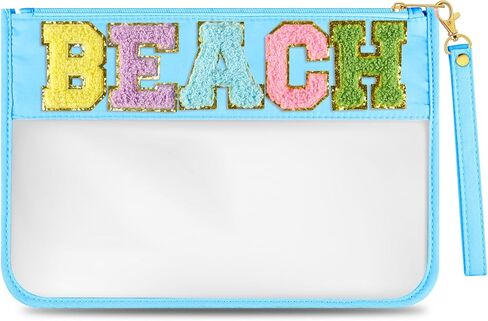 Morcheiong Chenille Letter Bag Cute Clear Zipper Stuff Pouch Portable Multi-purpose PVC and Nylon Makeup Bag with Handle for Travel School Gym Beach（Beige Beach） in Saudi Arabia
