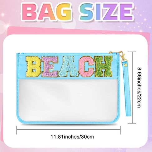 Morcheiong Chenille Letter Bag Cute Clear Zipper Stuff Pouch Portable Multi-purpose PVC and Nylon Makeup Bag with Handle for Travel School Gym Beach（Beige Beach） in Saudi Arabia