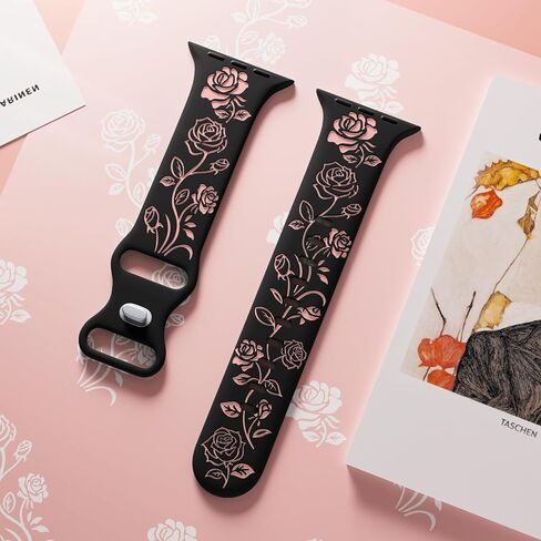 Maledan Floral Engraved Band Compatible with Apple Watch Bands 40mm 41mm 38mm 44mm 45mm 42mm 49mm Women, Cute Two Tone Flower Soft Silicone Sport Strap for iWatch Series 9 8 7 6 5 4 3 2 1 SE Ultra 2 in Saudi Arabia