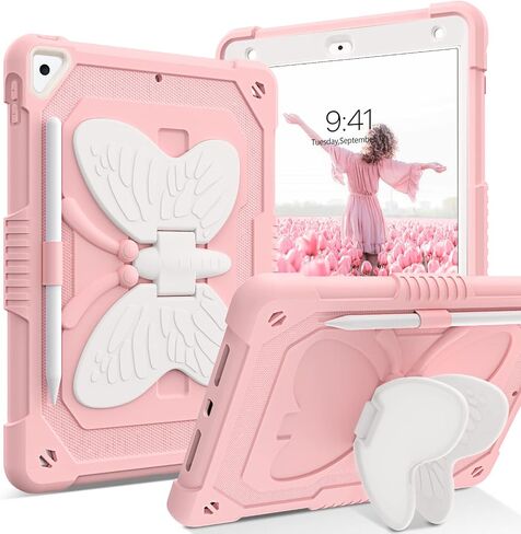 YINLAI Case for iPad 6th Generation, iPad 9.7 Inch 6th/5th Gen 2018/2017 /iPad Air 2nd/ Pro 9.7 Case with Pencil Holder Butterfly Kickstand Girls Kids Heavy Duty Shockproof Protective Cover, Black in Saudi Arabia