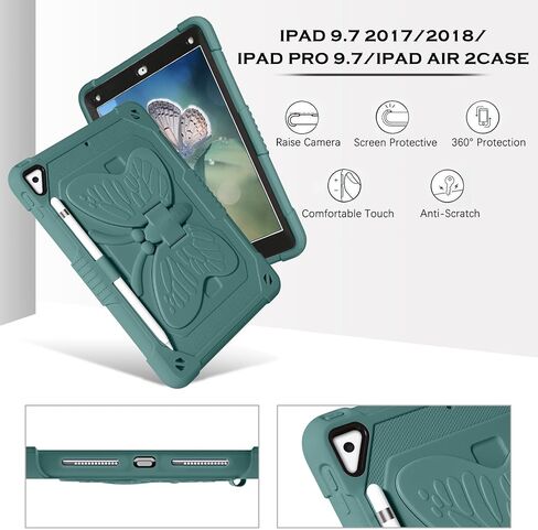 YINLAI Case for iPad 6th Generation, iPad 9.7 Inch 6th/5th Gen 2018/2017 /iPad Air 2nd/ Pro 9.7 Case with Pencil Holder Butterfly Kickstand Girls Kids Heavy Duty Shockproof Protective Cover, Black in Saudi Arabia