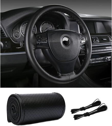 Car Stitch Steering Wheel Cover,Leather Steering Wheel Wrap with Needle and Thread,Anti Slip DIY Kit Steering Wheel Cover Men & Women for Car Interior Decoration (Black) in Saudi Arabia
