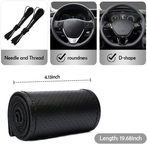 Car Stitch Steering Wheel Cover,Leather Steering Wheel Wrap with Needle and Thread,Anti Slip DIY Kit Steering Wheel Cover Men & Women for Car Interior Decoration (Black) in Saudi Arabia