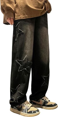 Baggy Jeans for Women,Y2k Pants Boyfriend Jeans High Waisted Wide Straight Leg Star Patchwork Grunge Pants Vintage Streetwear in Saudi Arabia