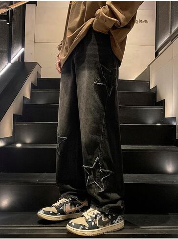 Baggy Jeans for Women,Y2k Pants Boyfriend Jeans High Waisted Wide Straight Leg Star Patchwork Grunge Pants Vintage Streetwear in Saudi Arabia