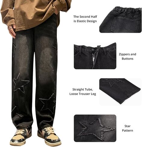 Baggy Jeans for Women,Y2k Pants Boyfriend Jeans High Waisted Wide Straight Leg Star Patchwork Grunge Pants Vintage Streetwear in Saudi Arabia