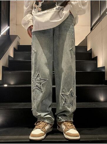 Baggy Jeans for Women,Y2k Pants Boyfriend Jeans High Waisted Wide Straight Leg Star Patchwork Grunge Pants Vintage Streetwear in Saudi Arabia