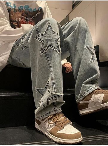 Baggy Jeans for Women,Y2k Pants Boyfriend Jeans High Waisted Wide Straight Leg Star Patchwork Grunge Pants Vintage Streetwear in Saudi Arabia