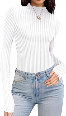 Ekouaer Turtleneck Shirt Women Ruffle Ribbed Long Sleeve Mock Neck Tops Slim Fit Lettuce Trim Base Layer in Saudi Arabia