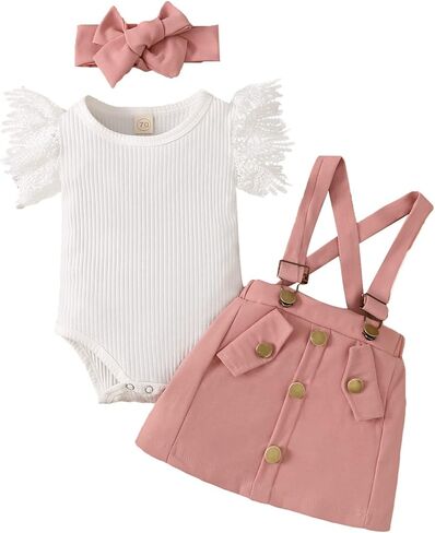Baby Girl Clothes Outftts Ruffle Short Sleeve Ribbed Romper+Suspender Skirt + Headband Summer Clothing Set in Saudi Arabia