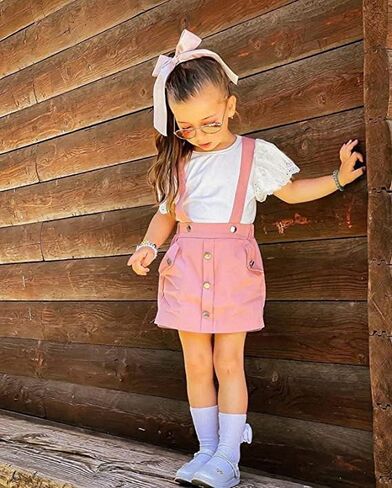 Baby Girl Clothes Outftts Ruffle Short Sleeve Ribbed Romper+Suspender Skirt + Headband Summer Clothing Set in Saudi Arabia