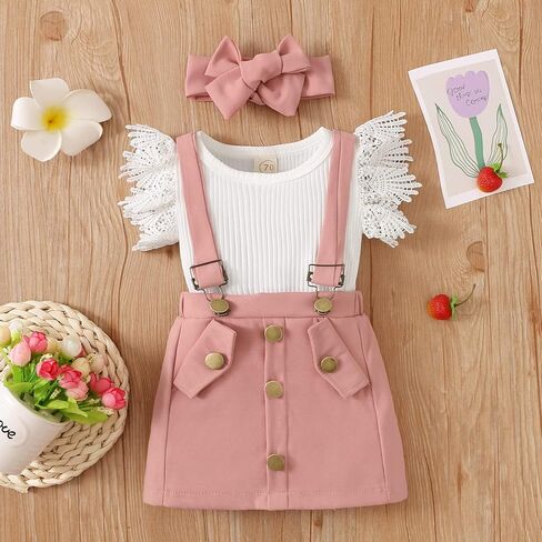 Baby Girl Clothes Outftts Ruffle Short Sleeve Ribbed Romper+Suspender Skirt + Headband Summer Clothing Set in Saudi Arabia