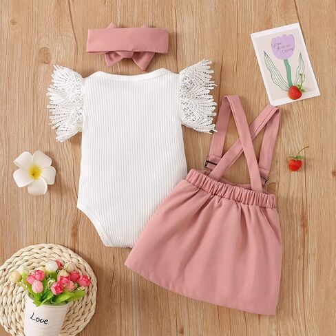 Baby Girl Clothes Outftts Ruffle Short Sleeve Ribbed Romper+Suspender Skirt + Headband Summer Clothing Set in Saudi Arabia
