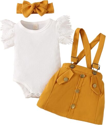 Baby Girl Clothes Outftts Ruffle Short Sleeve Ribbed Romper+Suspender Skirt + Headband Summer Clothing Set in Saudi Arabia