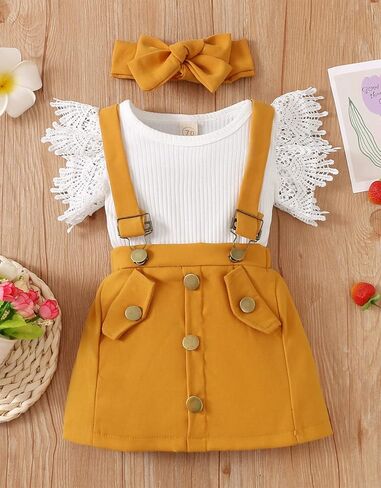 Baby Girl Clothes Outftts Ruffle Short Sleeve Ribbed Romper+Suspender Skirt + Headband Summer Clothing Set in Saudi Arabia