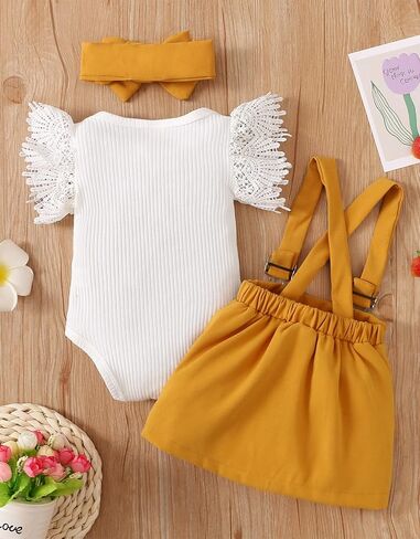 Baby Girl Clothes Outftts Ruffle Short Sleeve Ribbed Romper+Suspender Skirt + Headband Summer Clothing Set in Saudi Arabia