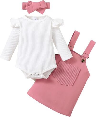 Baby Girl Clothes Outftts Ruffle Short Sleeve Ribbed Romper+Suspender Skirt + Headband Summer Clothing Set in Saudi Arabia