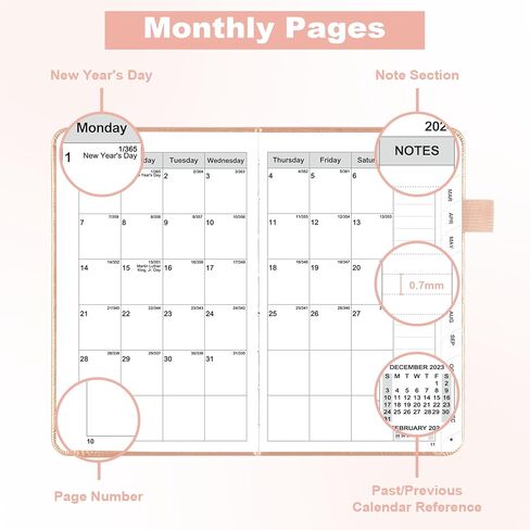 Ospelelf 2024 مخطط الجيب اليومي 2024 تقويمات 12 شهرًا مخطط 4 بوصة × 6 بوصة، غلاف جلدي مخطط شهري أسبوعي مخطط المواعيد بالساعة، ذهبي وردي in Kuwait