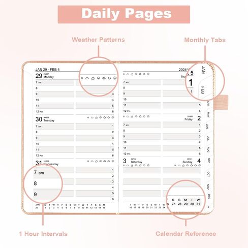 Ospelelf 2024 مخطط الجيب اليومي 2024 تقويمات 12 شهرًا مخطط 4 بوصة × 6 بوصة، غلاف جلدي مخطط شهري أسبوعي مخطط المواعيد بالساعة، ذهبي وردي in Kuwait