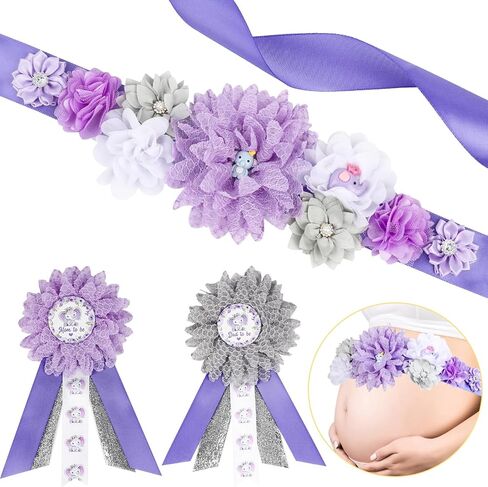 JOYMEMO Purple and Gray Elephant Baby Shower Maternity Sash Kit - Elephant Flower Baby Shower Belly Belt and Mom to Be & Dad to Be Corsage Pins, Pregnancy New Parents Photo Props Party Supplies in Saudi Arabia