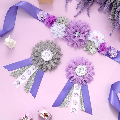 JOYMEMO Purple and Gray Elephant Baby Shower Maternity Sash Kit - Elephant Flower Baby Shower Belly Belt and Mom to Be & Dad to Be Corsage Pins, Pregnancy New Parents Photo Props Party Supplies in Saudi Arabia
