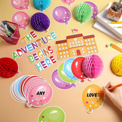 TaoBary 84 Pcs 3D Colorful Balloon Honeycomb Bulletin Board Set Balloon Accents Paper Cutouts The Adventure Begins Here Classroom Bulletin Board Decoration for Kids Teacher Student Back to School in Saudi Arabia