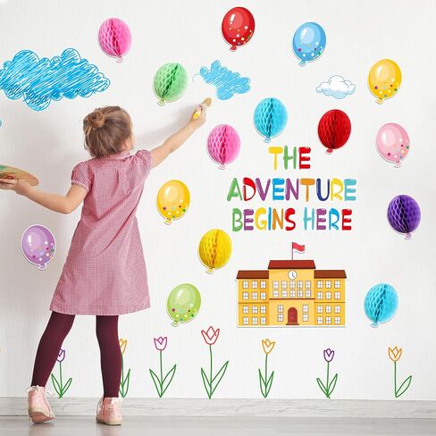 TaoBary 84 Pcs 3D Colorful Balloon Honeycomb Bulletin Board Set Balloon Accents Paper Cutouts The Adventure Begins Here Classroom Bulletin Board Decoration for Kids Teacher Student Back to School in Saudi Arabia