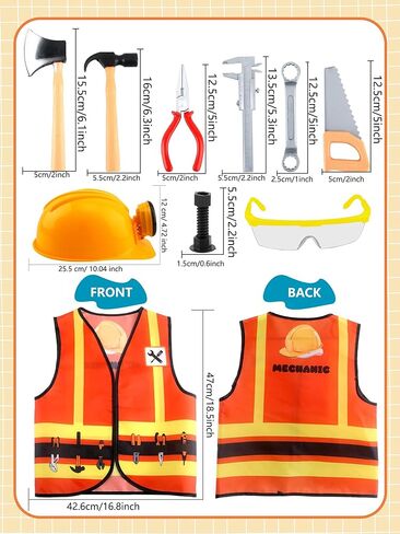 10 قطعة زي عامل البناء للأطفال مجموعة سترة البناء ونظارات واقية وألعاب دعامة البناء لحفلات أعياد الميلاد in Kuwait